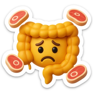 emoji stile iphone in 3d di un intestino triste con fette di carne che gli fluttuano intorno sticker