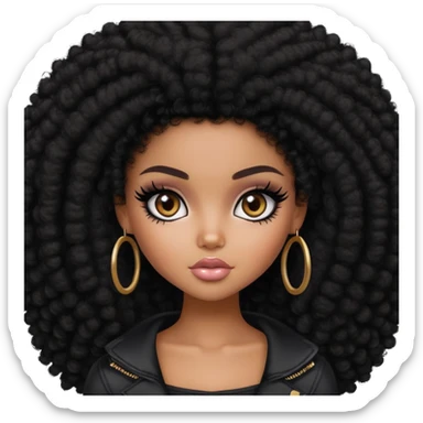 pretty bratz girl, dark black big afro, dark brown eyes, y2k fashion, black eyeliner, deep brown skin sticker