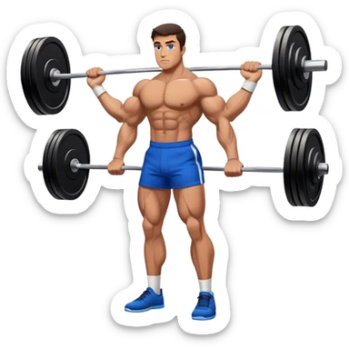 brunette buff man with blue shorts deadlift sticker