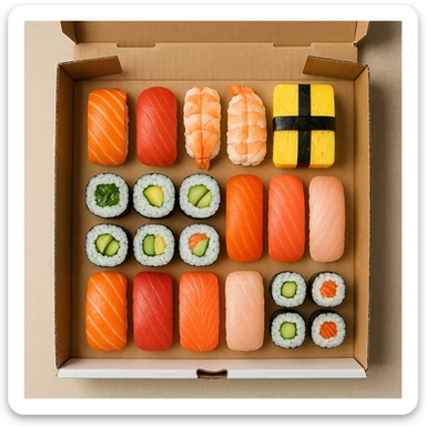 top-down view variety of sushi pieces in a pizza delivery box sticker