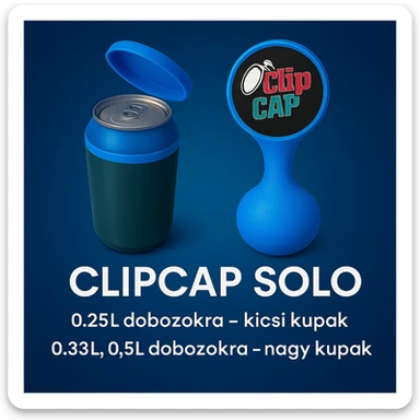 A kupakokat színezd át kékre. A CLIPCAP DUO felírat helyett CLIPCAP SOLO felírat legyen, a "kicsi és nagy kupak a csomagban" szöveg helyett "0.25L dobozokra - kicsi kupak" és a "0.33L,0.5L dobozokra - nagy kupak" külön sorban. A 0.25L, a 0.33L, a 0.5L-t ponttal írd! sticker