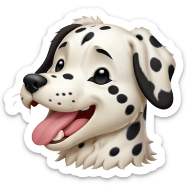 Cinematic Cute Yawning Spotted Dalmatian Portrait Emoji, Head tilted slightly with a dramatic, wide-open yawn, showcasing a smooth Fur of predominantly white with bold black patches, floppy ears slightly drooping, round eyes barely open in drowsy contentment, Simplified yet irresistibly adorable features, highly detailed, glowing with a soft, cozy glow, high shine, relaxed yet expressive, stylized with a touch of whimsy, bright and endearing, soft glowing outline, capturing the essence of a sleepy yet affectionate guardian, so drowsy it feels like it could stretch out of the screen and curl up for a nap! sticker