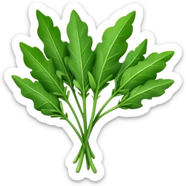 small bunch of fresh arugula leaves, deep green color, distinct jagged elongated shapes, slender stems, slightly curled surface, loosely arranged, no bowl or plate, soft lighting, subtle shadows, emoji scale sticker