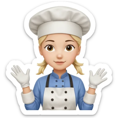 Young female pastry chef - single ponytail, apron, white chef's hat, wearing insulated gloves sticker