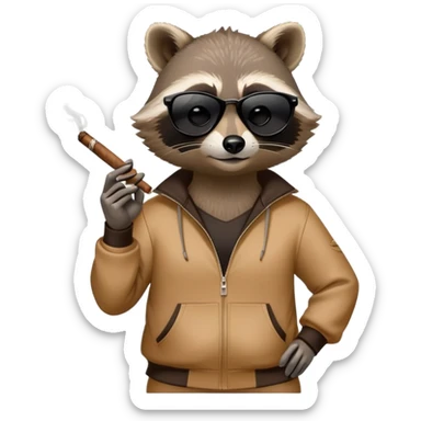 friendly anthropomorphised raccoon in a Sopranos-style mafia tracksuit, wearing dark sunglasses, holding a cigar, confident pose sticker