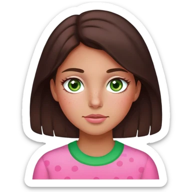 A girl with dark brown hair soft tan skin green eyes pink cheeks and freakles  sticker