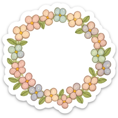 a floral wreath made of small pastel flowers with a few green leaves, Japanese hand-drawn, full object, transparent background sticker