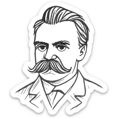 a hand drawn black outline portrait of philosopher Friderich Nietzsche with similar-sized eyes based a famous portrait of him sticker