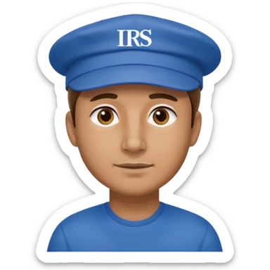a man dressed in blue with a cap on that says IRS sticker