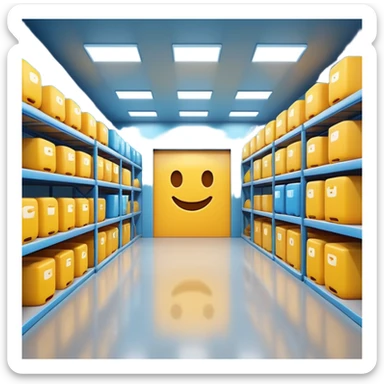 Warehouse interior designed in emoji style, 3D emoji aesthetic, bright colors, soft rounded shapes, simplified details, glossy plastic texture, clean environment, playful lighting, high resolution, sharp focus, vibrant, cartoon-like but rendered in 4K, studio quality. sticker