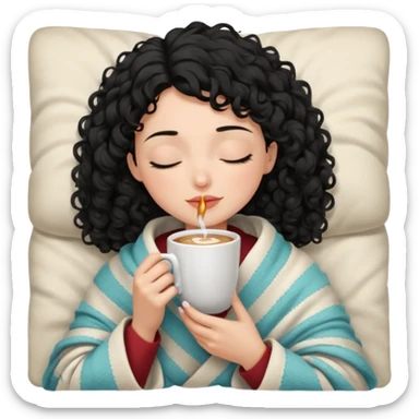 Gözleri kapalı, beyaz tenli ve kıvırcık siyah saçlı saç boyu orta omuzlarında bir kadın avatar, battaniyeye sarılmış halde beyaz bir Türk kahvesi fincanından içeceğini huzurla yudumluyor. sticker