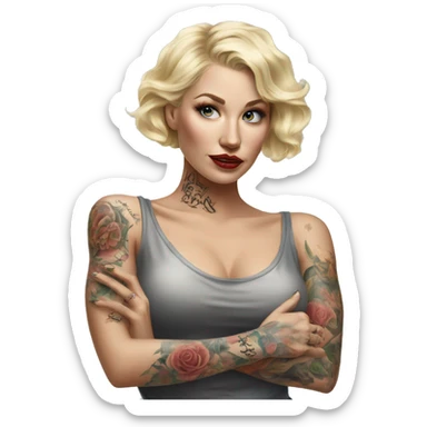 Blonde elegant women, her Body Covered with Tattoos, POINTING YOU with her ONE HAND , Hyper realistic sticker