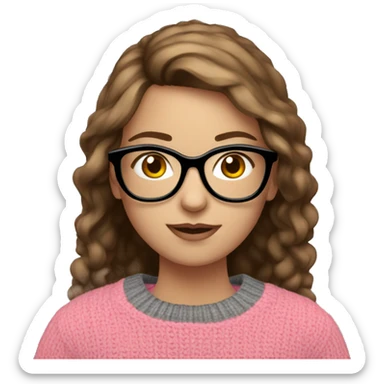 Russian Girl with brown hair and black glasses frame and pink sweater is working behind laptop sticker