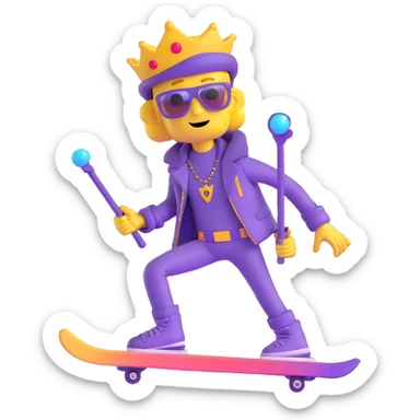 yellow guy showing off his fabulous outfit combining prince, alien, terminator, skater, skiier, and wizard elements, making a weird face, stylish and fabulous sticker