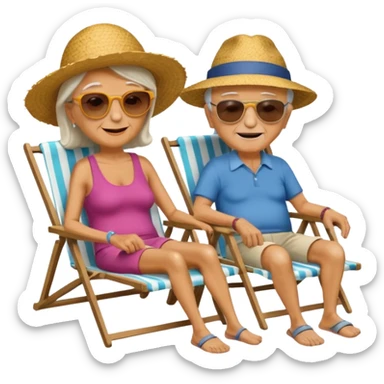 an emoji that shows elderly one woman and one man, both are retired and are lying in sun-chairs at the beach to recover from retiring-stress sticker