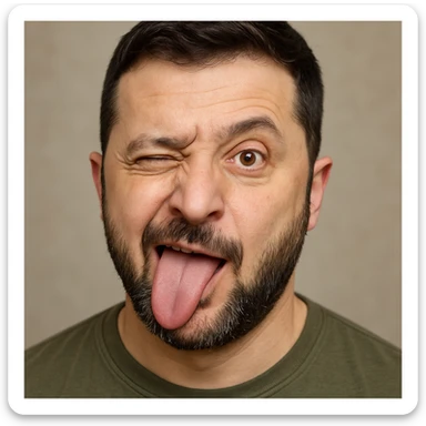 Vladimir Zelensky, photorealistic, emoji style, making a playful silly face sticker