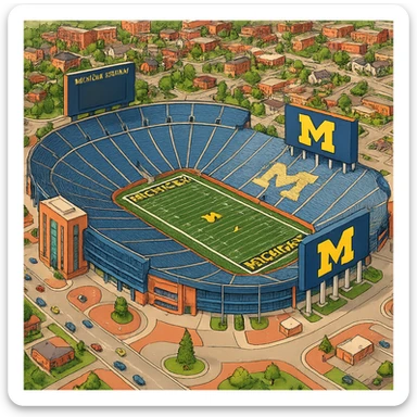 Изометричная, яркая, детализированная и фотореалистичная иллюстрация стадиона Michigan Stadium в стиле 3D-коллажей городов, насыщенные цвета, аккуратные линии, мультяшно-реалистичная стилистика. Чёткие контуры, прозрачный фон, высокое качество. sticker