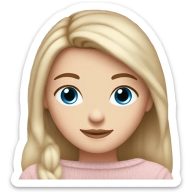 Pretty blue eyed white girl with brown hair with light pink sweater reading cozy sticker