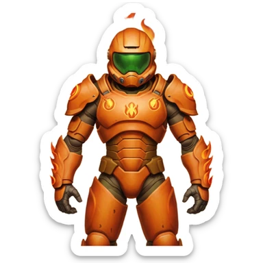 Doom Slayer standing with arms crossed, surrounded by flames, confident stance sticker
