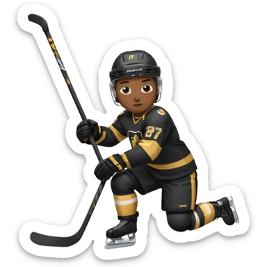 Back Shot Of Hockey Player Celebrating, sliding on one knee, with Left hand raised holding his stick by the middle of the shaft. Right Hand Touching the ice.
Black and Gold Jersey sticker