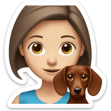 White girl with straight brown hair and blue eyes holding a red dachshund  sticker