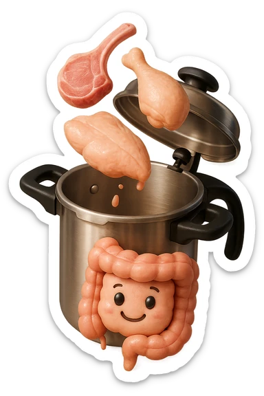 emoji stile iphone in 3d di una pentola a pressione dentro cui cadono agnello, pollo, tacchino crudi e un intestino umano felice da cuocere, iperrealistico 4k sticker