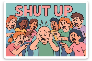 a crowd of people pointing and yelling at a bald man, pastel toon style, playful and colorful, with 'shut up' in large letters sticker