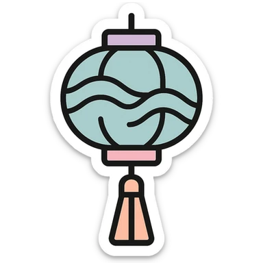 Chinese lantern with wave pattern and tassel, thin clean outlines, soft rounded shapes, pastel palette #98B5BC, #B5B3C1, #C9A3C9, #E4C0CA, #F7DCD1, #F7C0AA, modern Japanese pop art and sticker aesthetic, detailed shadows and highlights, soft lighting, transparent background sticker
