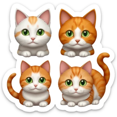 3 different coloured tiny short haired cats, including a dark grey and white cat with green eyes,and  a ginger and white with orange eyes and a brown tabby and white with hazel eyes sticker