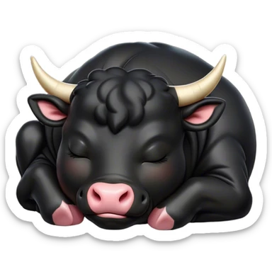Meme-Worthy Cute Sleeping Black Bull Portrait Emoji, Head resting peacefully with a contented smile, showcasing a robust, massive build and a luxuriously soft pure black hide, eyes shut in a serene, restful nap, Simplified yet hilariously adorable features, highly detailed, glowing with a soft, drowsy light, high shine, relaxed and utterly lovable, stylized with an air of playful laziness, bright and heartwarming, soft glowing outline, capturing the essence of a comically sleepy guardian, so meme-worthy it feels like it could instantly become the next viral sensation of adorable slumber! sticker
