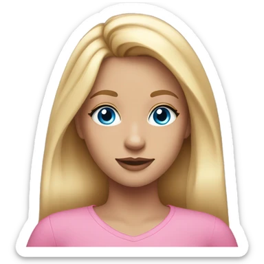 a girl with pretty makeup, long blonde hair, blue eyes and a pink shirt sticker