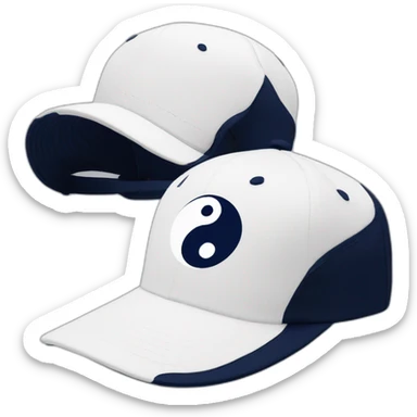 white baseball hat with yin yang symbol on front, navy blue brim sticker