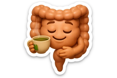 emoji stile iphone 3d di intestino umano sereno che si tocca la pancia mentre sorseggia un thè alle erbe, iperrealistico 4k sticker