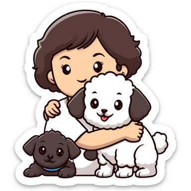 woman with short black hair hugging a brown poodle and a white bichon frise sticker