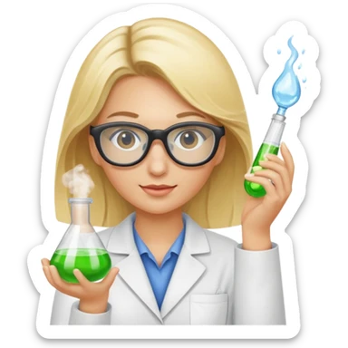 Eine hellblonde Chemikerin mit Kittel, großer Labor-Sicherheitsbrille und typischem Erlmeyerkolben in der Hand sticker