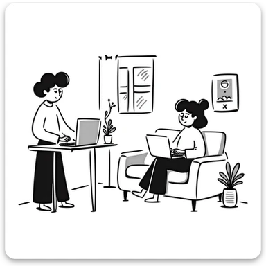 escenary 3d of a cozy mid-century living room with two people working on laptops, one man standing at a desk and one woman sitting on a couch, two walls and floor visible sticker