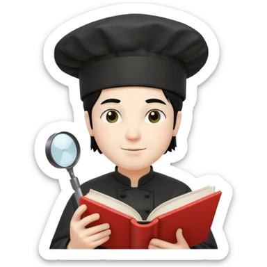 ["A happy man with pale skin, straight hair, wearing a chef hat and no glasses, dressed in goth fashion, is reading a book while holding a camera."] sticker