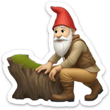 side view of gnome with light tan pants and light tan boots squatting near small brown log sticker