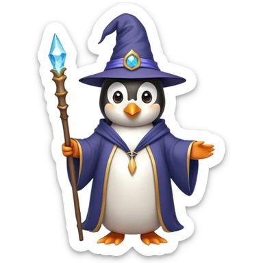 Penguin wearing wizard hat and robe holding a magic wand sticker