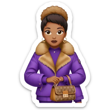 Beautiful black woman wearing a brown monogram Fendi jacket with a fur trim. She is carrying a purple Fendi baguette bag. I want the image to start at her head and end at the chest sticker
