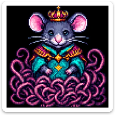 Enhance the image to show more tangled tails among the rats in a pixel art style. Emphasize the pixel art aesthetic with clear, blocky pixels and vibrant colors typical of pixel art. Increase the complexity and visibility of the tails to appear more intertwined and tangled, while maintaining the pixel art style. sticker