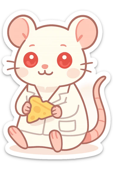 A happy lab rat with red glowing eyes, holding a piece of cheese, white fur, detailed paws and tail, wearing a tiny lab coat, cartoon style with scientific elements. sticker