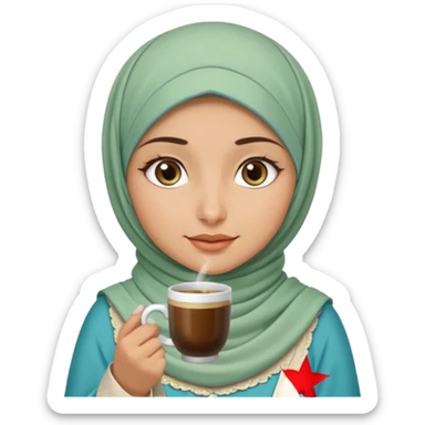 Turkish beautiful finish Konya girl blue eyes with beige and light green hijab islamic dress and had on her hand Turkish coffee sticker