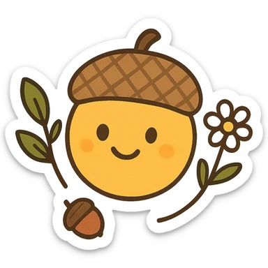 yellow face with acorn hat, nature theme, digital illustration sticker
