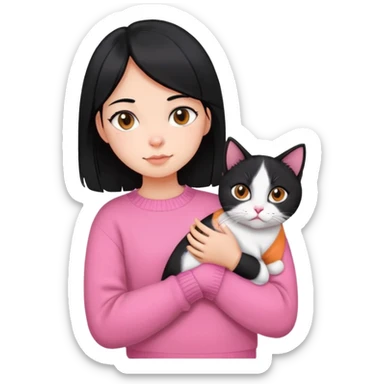 girl with black hair holding a tri-colored cat (black, orange, white) wearing a pink sweater sticker
