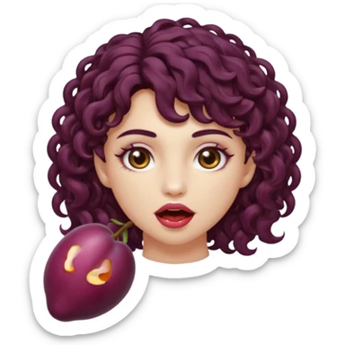 nude woman short curly brown mullet brown eyes white skin biting glowing plum sticker