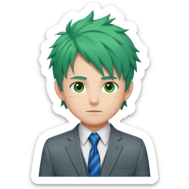 deku : boy anmie green hair green eyes in a ua gray jacket and blue tie suit with frenkles sticker
