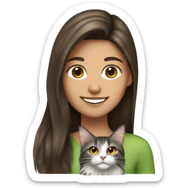 smiling straight brunette hair girl with Maine coon cat sticker