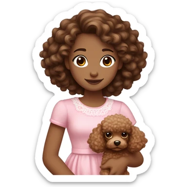 16 year old girl with brown medium length curly hair with white skin brown eyes and she is wearing a pink dress she is also holding a tiny poodle which is light brown with brown eyes￼   sticker