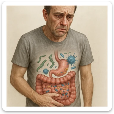 Realistic and medical illustrative style of a middle-aged man with a distressed expression, hand on lower abdomen, sunken eyes, dull skin. Transparent schematic intestine with parasites and bacteria in dysbiosis. sticker